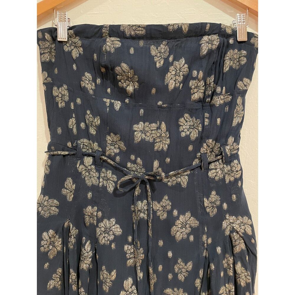 ~ Anthropologie Strapless Cropped 10T Shine Wide-Leg Jumpsuit Flowy Metallic